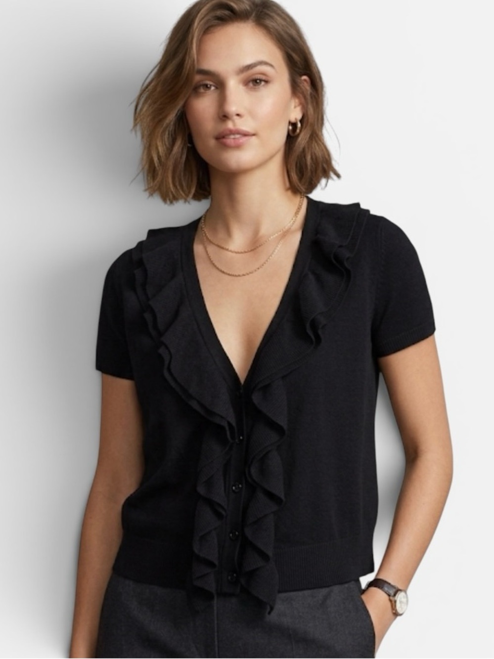 NWT INC International Concepts Black Short Sleeve Ruffle Front Cardigan Size L